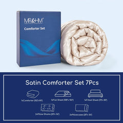 MR&HM Satin Comforter King 7 Pieces - Luxurious Pinch Pleat Bedding Set with Comforter, Flat Sheet, Fitted Sheet, Pillowcases &