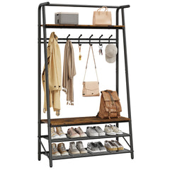 Large Coat Rack Shoe Bench, 4-in-1 Hall Trees Entryway Bench with Coat Rack & Shoe Rack, Steel Frame Storage Shelf & Hanging Bar