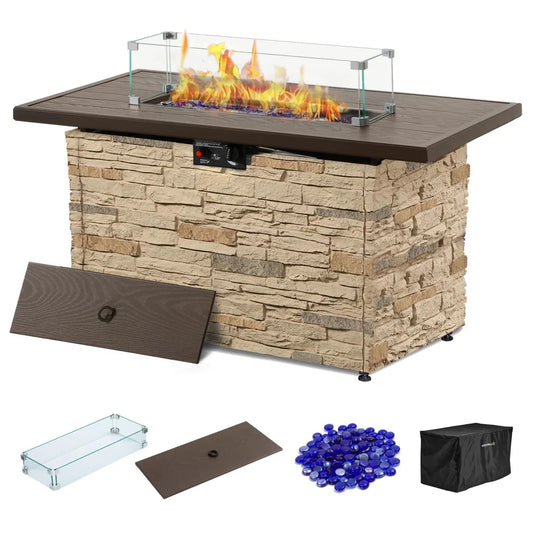 43" Propane Fire Pit Table, Outdoor Stone Firepit Table, Rectangular 50000 BTU Propane Fire Tables for Outside