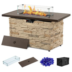 43" Propane Fire Pit Table, Outdoor Stone Firepit Table, Rectangular 50000 BTU Propane Fire Tables for Outside