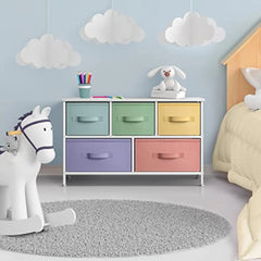 Kids Dresser with 5 Drawers - Storage Chest Organizer Unit with Steel Frame, Wood Top, Easy Pull Fabric Bins - Long Wide TV St