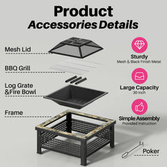 30 Inch Fire Pit, Square Outdoor Fireplace Table w/ Mesh Lid & Fire Poker, 3-in-1 Multipurpose Firepits for Yard, Garden, Patio