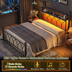 EnHomee Queen Bed Frame with Headboard, Metal Bed Frame Queen Size with LED Lights and Power Outlets, Heavy Duty Steel Slats Sup