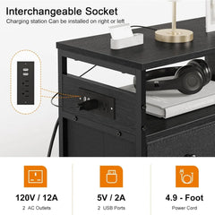 Nightstand with Charging Station, Bedside Table with 4 Drawers and 2-Tier Shelf, Modern End Table with Wooden Top for Bedroom,