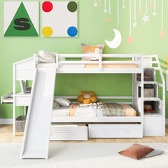 Wood Twin Over Twin Bunk Bed with Desk and Slide,Drawers Bookcase and Storage Staircase for Kids, White