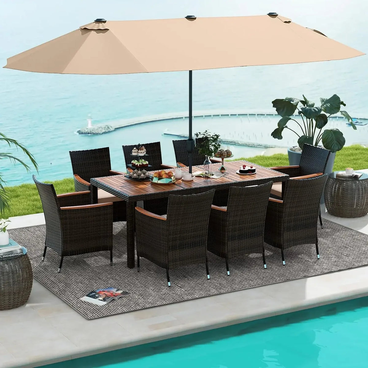 10Piece Patio Rattan Dining Set w/15Ft Double-Sided Umbrella, Outdoor Heavy Duty Acacia Wood Table & Stackable Wicker Chairs Set