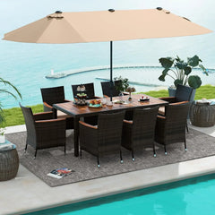 10Piece Patio Rattan Dining Set w/15Ft Double-Sided Umbrella, Outdoor Heavy Duty Acacia Wood Table & Stackable Wicker Chairs Set