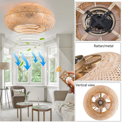 Boho Bamboo Light Farmhouse Caged Ceiling Fan Lights Rustic Fandelier with Remote 20 inch Living Room Bedroom Ceiling Fan Lamp