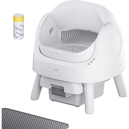 Open-Top Self Cleaning Cat Litter Box, Automatic Cat Litter Box for Multiple Cats with Trash Bags and Litter Mat Included, White