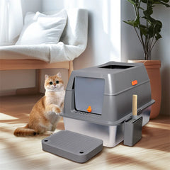 XXL Stainless Steel Cat Litter Box Enclosed Puppy Cat Litter Tray with Lid Large Litter Pan High Wall Side Easy Cleaning Toilet