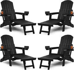 Adirondack Chair with Ottoman Set of 4, Adjustable Backrest Adirondack Chairs, Folding Outdoor Fire Pit Chair with 2 Cup-Holders