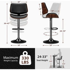 Swivel Bar Stools Set, Adjustable Bentwood Barstools for Kitchen Counter, Modern PU Leather Upholstered Bar Chair with Back