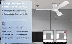 52 "Smart Low Profile ceiling Fans with Lights Remote,Quiet DC Motor,Outdoor Indoor Flush Mount Fan,Control WIFIAle