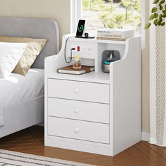 Nightstand with Charging Station,Black Night Stand for Bedroom,End Table with Hutch & Storage Drawers