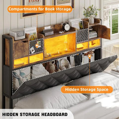 Queen Bed Frame with Headboard and 4 Under-Bed Storage Drawers, Upholstered Bed Frame Queen Size with LED Light and Charging Sta