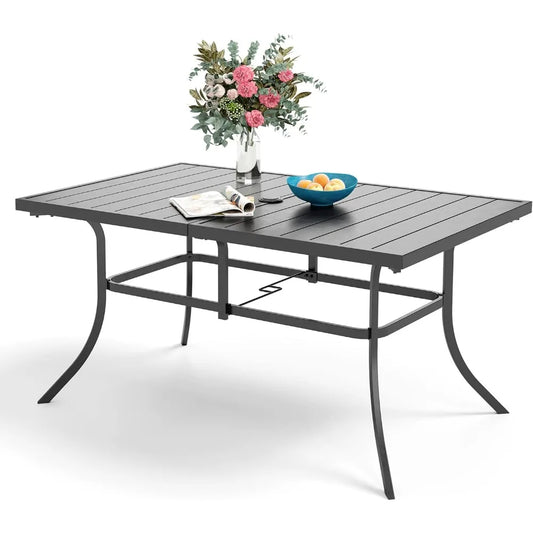 Outdoor Patio Table for 6 People, Rectangular Metal Patio Outdoor Dining Table, Black Steel Slatted Weather-Resistant Table with