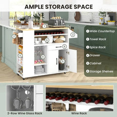 Kitchen Island Cart with Drop-Leaf & Power Outlet, Rolling Kitchen Cart on Wheels with Wine Rack, Glass Holder, Drawer,
