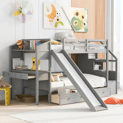 Wood Twin Over Twin Bunk Bed with Desk and Slide,Drawers Bookcase and Storage Staircase for Kids, White