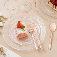 350PCS Clear Plastic Plates with Gold Trim for 50 Guests, Disposable Dinnerware Set for Party & Wedding, Includes 100 Plastic