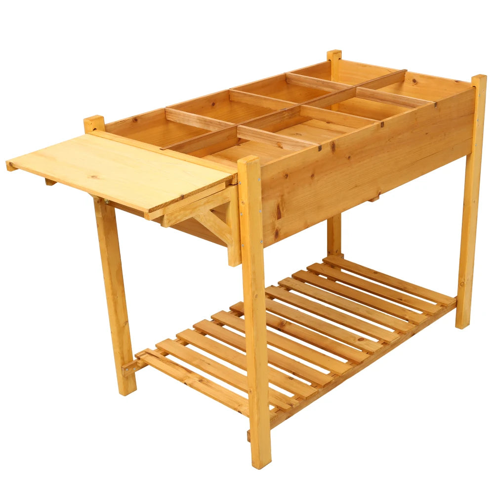 8 Pockets Horticulture Raised Garden Bed Elevated Wood Planter Box Stand with Foldable Side Table and Storage Shelf for Herb