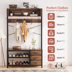 Hall Tree with Bench and Shoe Storage, 31.5" Coat Rack Freestanding with 2-Tier Storage Shelf, 6-in-1 Entryway Bench Coat
