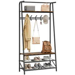 Large Coat Rack Shoe Bench, 4-in-1 Hall Trees Entryway Bench with Coat Rack & Shoe Rack, Steel Frame Storage Shelf & Hanging Bar