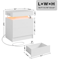 Night Stand Set of 2, Modern White Nightstand with with Charging Station, Bedside Tables with LED Light and Drawers, End Table