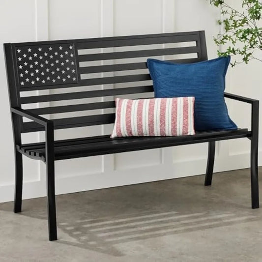 Outdoor Bench 2-Person Steel Indoor/Outdoor Bench for Garden, Patio, Porch, Entryway w/American Flag, 790lb Capacity