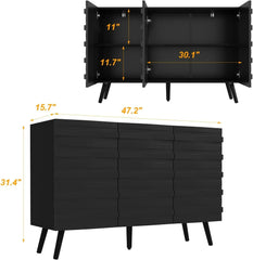 47.2“W Buffet Cabinet Sideboard with 2 Adjustable Shelves, Modern Credenza Cupboard with 3 Stylish Doors, Wood Storage Cabinet.