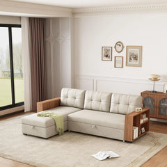 Pull-Out Couch with Storage Chaise and Armrests, Convertible Sectional Sleeper Sofa Bed with Removable Back Cushions