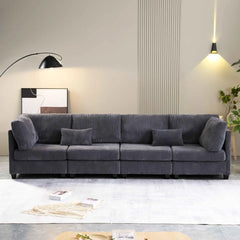 L-Shaped Convertible Modular Sectional Sofa with Movable Ottoman, Corduroy Upholstered Corner Couch