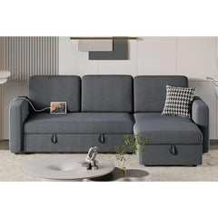 L-Shaped Sectional Sofa Bed with Chaise & USB, Reversible Storage Sleeper Convertible Trundle Fabric Couch