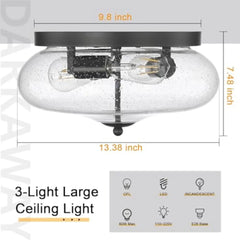 Large Ceiling Light Fixtures 3-Ight Flush Mount Indoor Outdoor Ceiling Light with Seeded Glass Shade for Hallway Kitchen Bedro