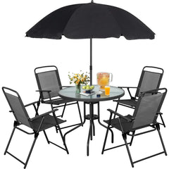 6 Piece Folding Patio Dining Set,Small Metal Outdoor Garden Patio Table and Chair Set w/Umbrella for Lawn,Deck,Backyard