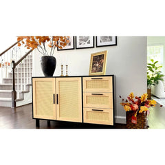 Rattan Cabinet with Doors - Buffet Sideboard Cabinet with Drawers Credenza, 3 Door Storage Cabinet