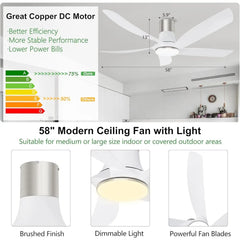58" Low Profile Ceiling Fan with Light - Remote Control Flush Mount Indoor Outdoor Ceiling Fan, Reversible DC Motor, Dimmable