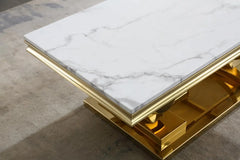 47" White Faux Marble Coffee Table with Gold Stainless Steel Base – Modern Luxury Center Table