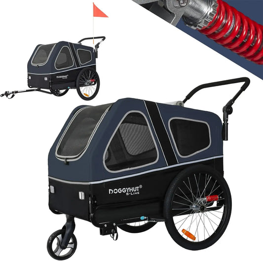 S-Line XL Pet Bike Trailer & Stroller for Dogs Up to 100 lbs,Folding Frame Cart, Suspension Wheels,Low Center of Gravity