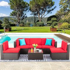 6 Piece Small Patio Furniture Sets, All Weather PE Wicker Rattan Outdoor Sectional Sofa with Glass Table, Cushions and Pillows