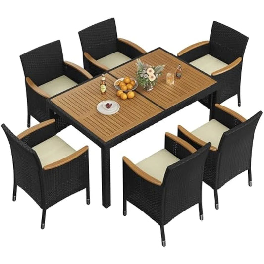 7 Piece Patio Furniture Set, Outdoor Dining Acacia Wood Table Top Rattan Conversation Set with Soft Cushions, 6 Chairs & 1 Table