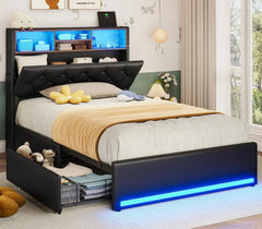 Bed, Queen Bed Frames with Headboard & 4 Drawers, LED Bed Frame Twin with Charging Station, Upholstered and Metal Queen Bed