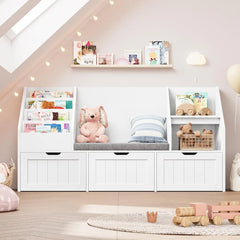55.1’’ Kids Bookshelf with Reading Nook, Toy Storage Organizer with Seat Cushion and 3 Movable Drawers, Kids Reading Nook