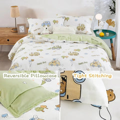 Kids Duvet Cover Set Full Size, Cotton Cartoon Car Truck Bedding Set for Boys Girls, 3 Pieces Soft Breathable White Yellow Plaid