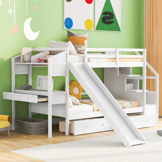 Wood Twin Over Twin Bunk Bed with Desk and Slide,Drawers Bookcase and Storage Staircase for Kids, White