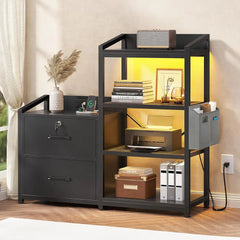 2 Drawer File Cabinet,Filing Cabinet fits Letter Legal, A4 Size, File Cabinets for Home Office with Lock, Power Strip,LED Lights