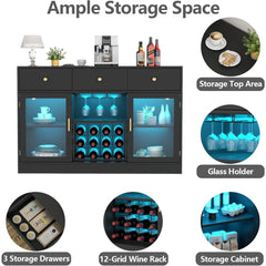 Wine Bar Cabinet with LED Light, Home Coffee Cabinet with Wine and Glass Rack, Kitchen Buffet Sideboard with Storage Cabinet&Dra