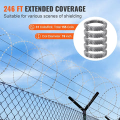 Razor Wire Fencing 246ft 5 Rolls Hot-Dip Galvanized Razor Barbed Wire Sharp Blades Protective Gloves Safe Installation
