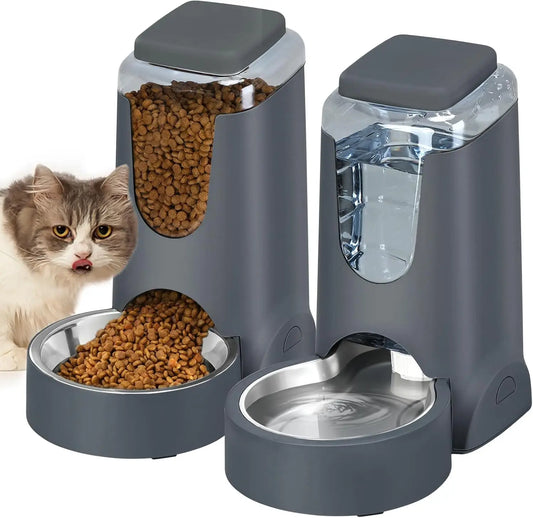 Automatic Cat Feeder and Water Dispenser with Stainless Steel Bowl Dog Gravity Food Feeder and Waterer for Small Medium Pets