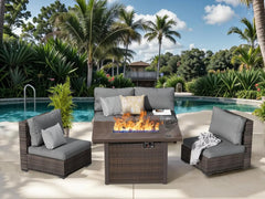 10 Piece Patio Furniture Set with 42In Fire Pit Table， Outdoor Furniture Sets Rattan Sectional Couch Outdoor Chairs