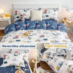 Kids Duvet Cover Set Full Size, Cotton Cartoon Car Truck Bedding Set for Boys Girls, 3 Pieces Soft Breathable White Yellow Plaid